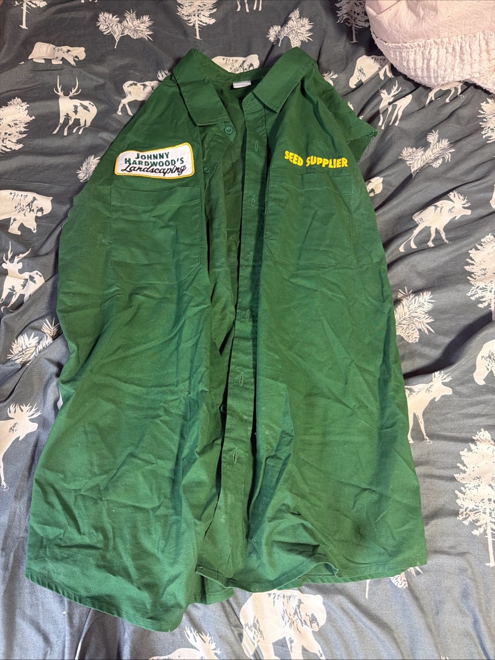 Spirit Halloween Green Work Shirt Jacket with 'Seed Supplier' Patch